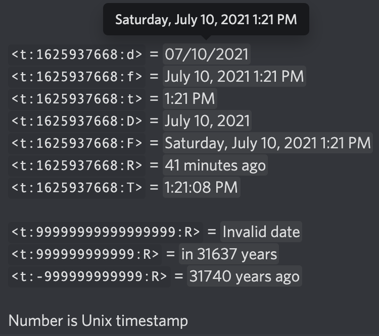 A list of in-line time stamp formatting options on Discord